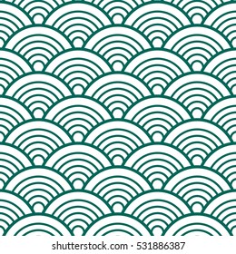 Indigo White Green Traditional Wave Japanese Chinese Seigaiha Pattern Background Vector Illustration