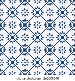 Indigo and white seamless floral delft pattern, vector