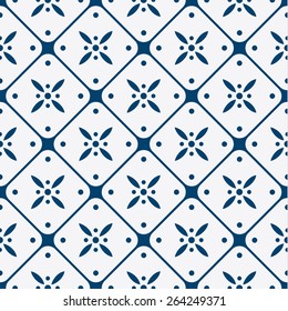 Indigo and white seamless floral delft pattern, vector