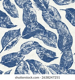 Indigo and white tropical leaf pattern on linen fabric print pattern, cotton, silk, vector illustration, doodle summer, kids and baby designs for print fabric.