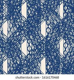 Indigo and White Vector seamless check pattern. Allover pattern. Ink grunge grid. Hand drawn seamless check pattern. Graphic background with ethnic tartan. Seamless check pattern background.