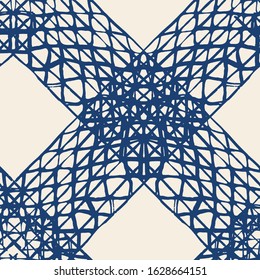 Indigo and White Vector seamless check pattern. Allover pattern. Ink grunge grid. Hand drawn seamless check pattern. Graphic background with ethnic tartan. Seamless check pattern background.
