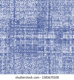 Indigo-Dyed Effect Textured Checked Distressed Background. Seamless Pattern. Distressed linen texture. Mesh. Monochrome. Vector illustration