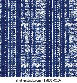 Indigo-Dyed Effect Textured Checked Distressed Background. Seamless Pattern. Distressed linen texture. Mesh. Monochrome. Vector illustration