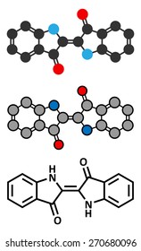 Indigotin indigo dye molecule. Used to color cotton in the production of denim cloth for blue jeans. Stylized 2D renderings and conventional skeletal formula.