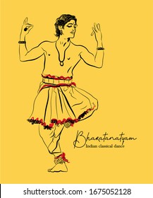 Indiqn classical dance Bharathanatiyam sketch or vector illustration.