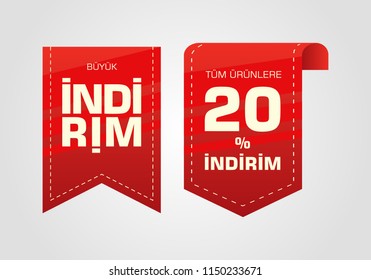 Indirim etiketleri yazilari. Translation from turkish: Sale offer badges. Red promo seals/stickers. Isolated vector illustration.