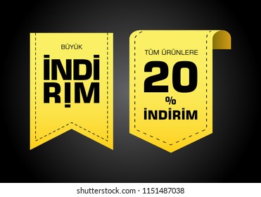 Indirim etiketleri yazilari. Translation from turkish: Sale offer badges. Yellow promo seals/stickers. Isolated vector illustration.