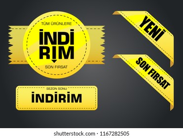 Indirim etiketleri yazilari. Translation from turkish: Sale offer badges. Red promo seals/stickers. Isolated vector illustration.