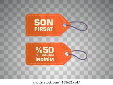 Indirim etiketleri yazilari. Translation from turkish: Sale offer badges. Red promo seals/stickers. Isolated vector illustration.