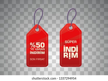 Indirim etiketleri yazilari. Translation from turkish: Sale offer badges. Red promo seals/stickers. Isolated vector illustration.