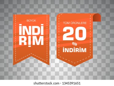 Indirim etiketleri yazilari. Translation from turkish: Sale offer badges. Red promo seals/stickers. Isolated vector illustration.