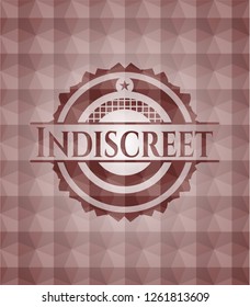 Indiscreet red seamless emblem or badge with geometric pattern background.