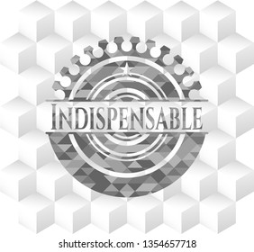 Indispensable grey emblem. Retro with geometric cube white background