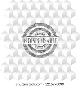 Indispensable retro style grey emblem with geometric cube white background