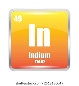 Ícone de índio. Em elemento químico. Número atômico 49. Massa 114,82. Imagem quadrada amarela. Símbolo de vetor.