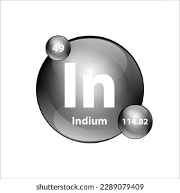 Indium (In) chemical element Icon structure round shape circle grey, silver, black easily. Periodic table Sign with atomic number. Study in science for education. 3D Illustration vector.