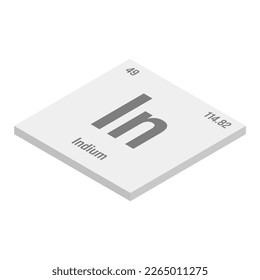 Indium, In, gray 3D isometric illustration of periodic table element with name, symbol, atomic number and weight. Metal with various industrial uses, such as in LCD screens, solar cells, and as a