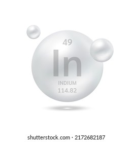 Indium molecule models silver and chemical formulas scientific element. Natural gas. Ecology and biochemistry concept. Isolated spheres on white background. 3D Vector Illustration.
