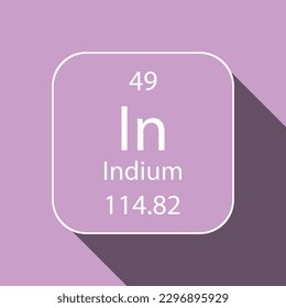 Indium symbol with long shadow design. Chemical element of the periodic table. Vector illustration.