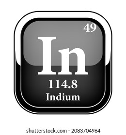 Indium symbol.Chemical element of the periodic table on a glossy black background in a silver frame.Vector illustration.