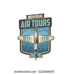 Individual air tours icon. Air travel vector emblem with propeller airplane flying over cityscape. Aircraft business promotional label, plane jet flight traveling service, airline adventure voyage