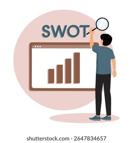 Indivíduo que analisa dados de negócios com foco na análise SWOT. Ideal para tópicos relacionados a estratégia, análise, marketing e desenvolvimento profissional.