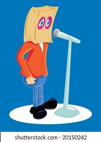 Individual with a bag over his head doing a speech with a microphone