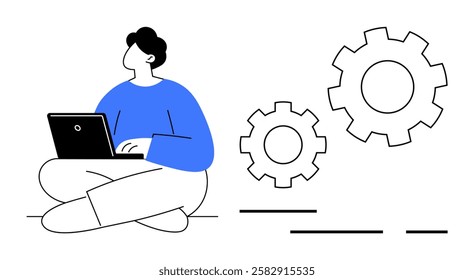 Individual in blue sweater using a laptop large gears in background symbolizing productivity and mechanism. Ideal for workflow, technology, productivity, engineering, software development, project