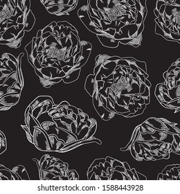 Individual buds of peony flowers. White outline of flowers on a black background in the form of a sketch. Seamless pattern for fabric, paper, wallpaper.