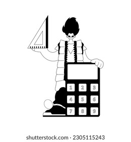 Individual with calculator and ruler. Learning subject. Chafing and white line craftsmanship. Trendy style, Vector Illustration