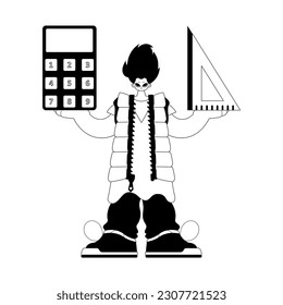 Individual with calculator and ruler. Learning subject. Bleak and white line craftsmanship. Trendy style, Vector Illustration