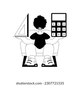 Individual with calculator and ruler. Learning subject. Chafing and white line craftsmanship. Trendy style, Vector Illustration