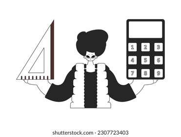 Individual with calculator and ruler. Learning subject. Chafing and white line craftsmanship. Trendy style, Vector Illustration