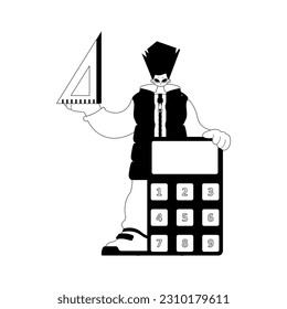 Individual con calculadora y regla. Materia de aprendizaje. Artesanía de chapuzón y línea blanca. Estilo de moda, Ilustración vectorial