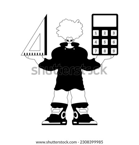 Individual with calculator and ruler. Learning subject. Disquieting and white line craftsmanship. Trendy style, Vector Illustration