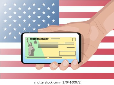 Chequeos individuales en los que se muestra el moderno smartphone en la mano con la bandera estadounidense. Ley de incentivos financieros. ilustración vectorial