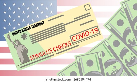 Individual checks and dollars on american flag. Financial incentive bill. Coronavirus Covid-19 concept. vector illustration