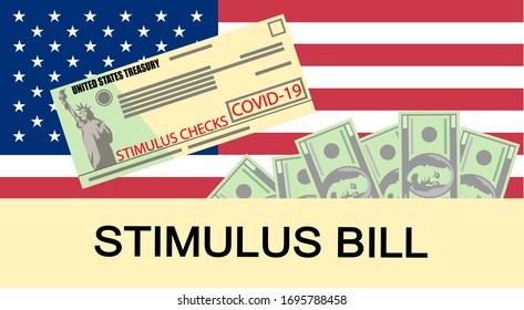 Individual checks and dollars on american flag. Financial incentive bill.  vector illustration