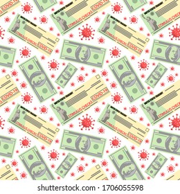 Individual checks and dollars seamless pattern. Financial incentive bill. Coronavirus Covid-19 concept. vector illustration