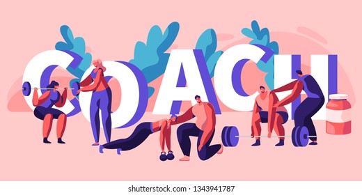 Individual Coach Fitness Exercise Banner. Instructor Assistant Personal Training Body Strong Muscle Bodybuilding Exercise Strength Sportsman Health. Flat Cartoon Vector Illustration