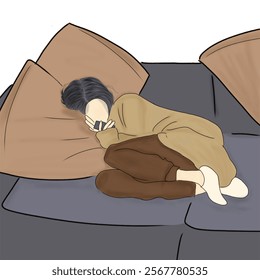 An individual curled up on a couch while engaging with a smartphone, set in a serene and dimly lit atmosphere. The cozy setup radiates comfort and self-reflection.