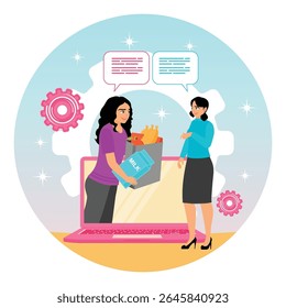 An individual delivering groceries through online shopping, highlighting technology and convenience. interacting with a laptop screen displaying a shopping process. Online grocery shopping concept.