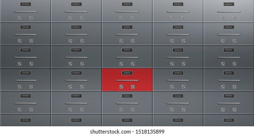 Individual deposit safe boxes wall with number plates, tandem keyholes on steel doors illustration. Bank vault for valuable, confidential documents, money secure saving 3d realistic vector background