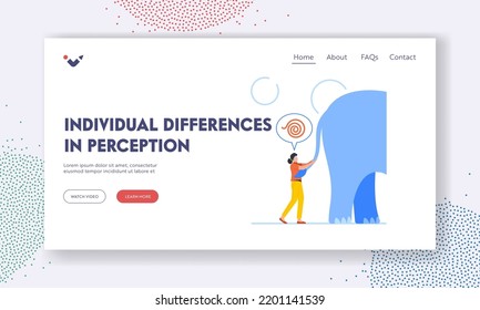 Individual Differences in Perceptions Landing Page Template. Blindfolded Woman Touching An Elephant Tail. Blind Female Character Impressions, Opinions And Beliefs. Cartoon People Vector Illustration