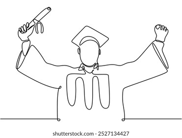 Individuo vestido con túnicas de graduación en un dibujo de línea continua. Celebrar los hitos en la educación. Ilustración dibujada a mano para el éxito académico.