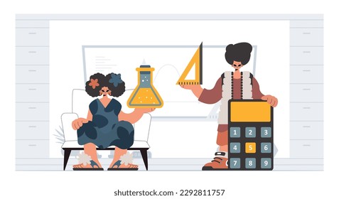 Individual and eager woman school understudies, analyzing to begin with school subjects. Trendy style, Vector Illustration