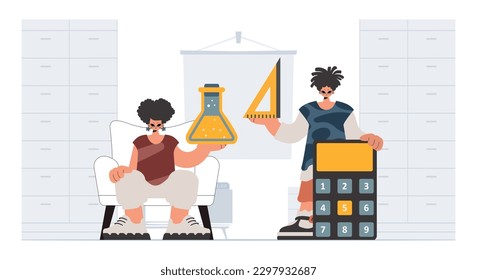 Individual and energetic woman school understudies, analyzing to begin with school subjects. Trendy style, Vector Illustration