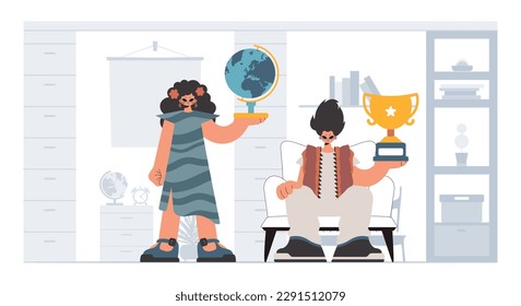 Individual and energized woman school instrument, considering preeminent school subjects. Trendy style, Vector Illustration