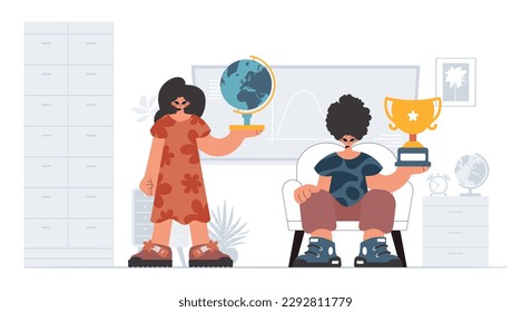 Individual and energized woman school instrument, considering preeminent school subjects. Trendy style, Vector Illustration